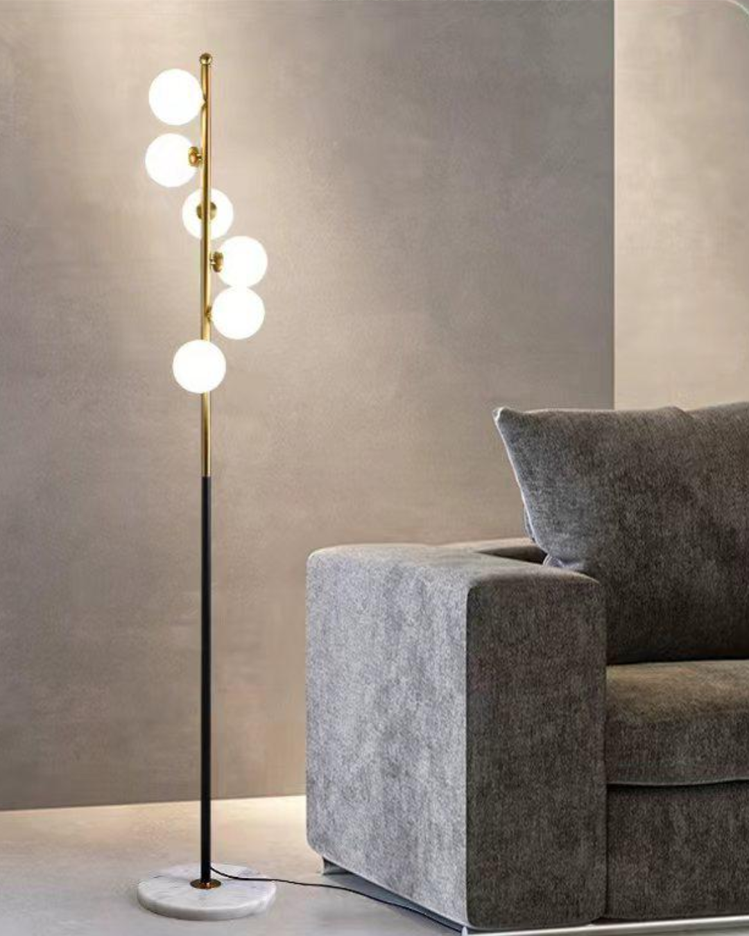 Lampadaire design à six boules blanches en verre pour maison moderne