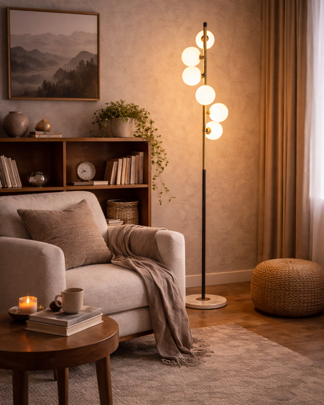 Lampadaire moderne noir et doré avec boules en verre blanc